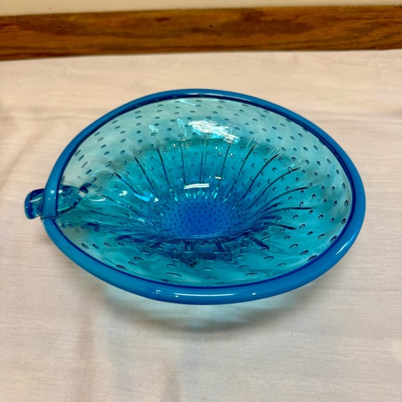 Vintage Murano Style Speckled Blue Hand Blown Art Glass Ashtray Bowl Mid Century - Picture 4 of 10
